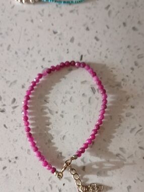 Pink Tourmaline Natural Stone Beaded Bracelet with Gold Accent